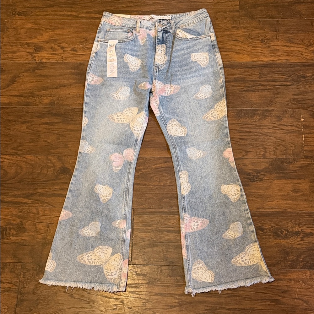 Tinseltown Blue Heart Pattern Flare Jeans